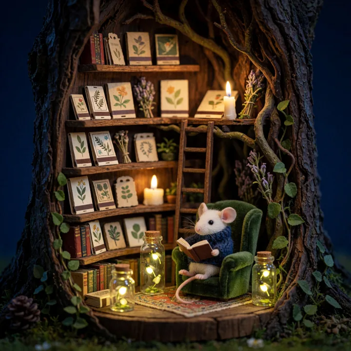 Miniature mouse library generated with Krea 2 Turbo