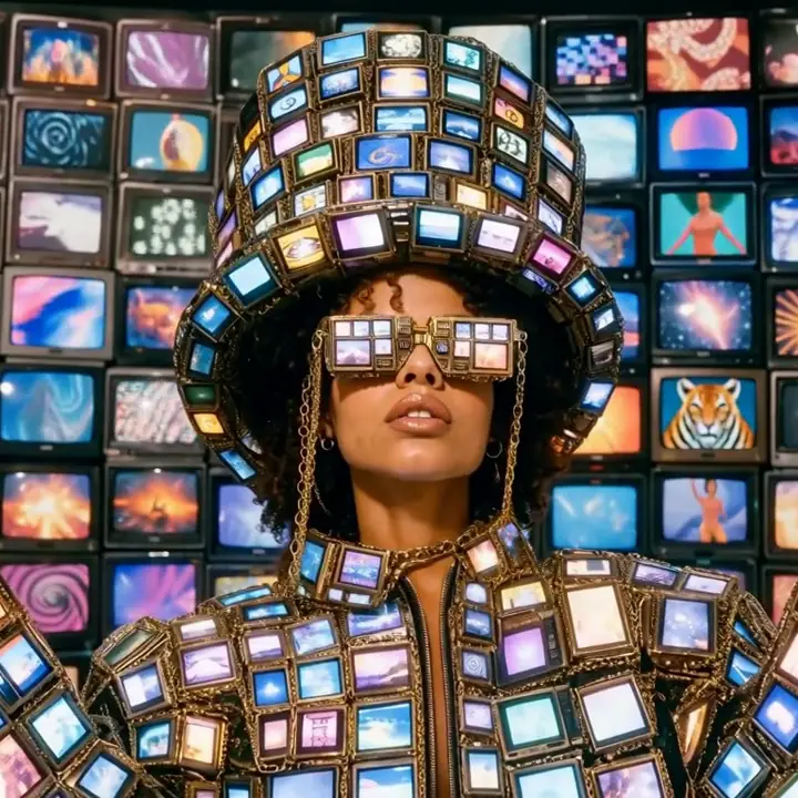 Woman in an outfit of tiny TV screens generated with MiniMax H3