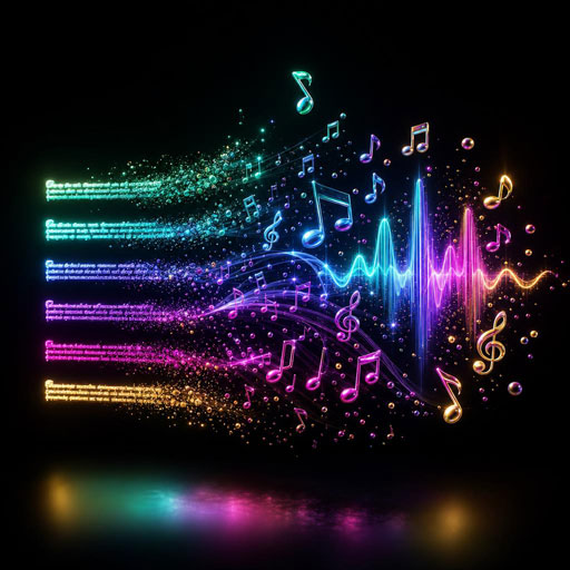 Neon music notes and an audio waveform