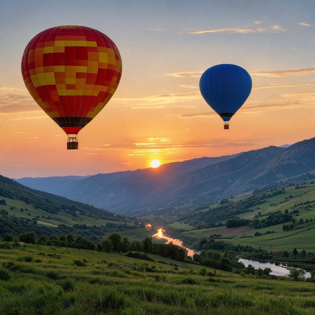 A red and yellow hot-air balloon on the left and a smaller blue balloon on the right over a green valley at sunrise, placed with layout boxes