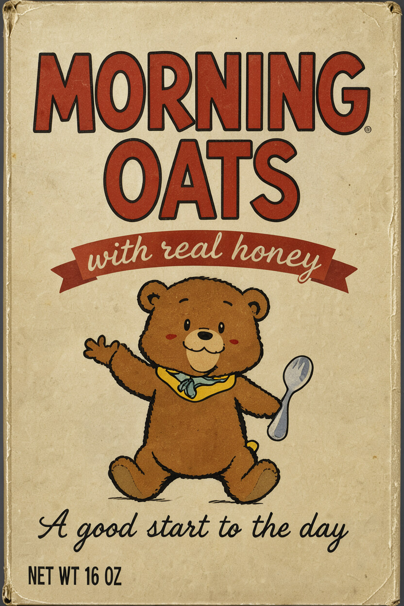 Vintage cereal box reading MORNING OATS with real honey, a cartoon bear holding a spoon, A good start to the day and NET WT 16 OZ