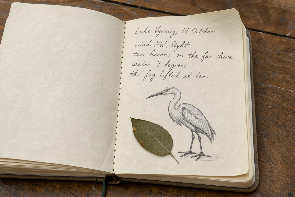 Open field notebook with pencil handwriting reading Lake Vyrnwy, 14 October, notes about wind, herons, water temperature and fog, a heron sketch and a pressed leaf