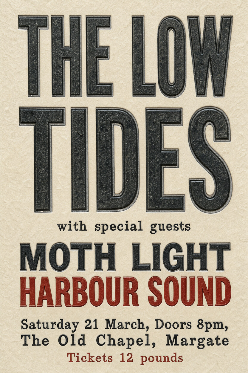 Letterpress gig poster reading THE LOW TIDES, with special guests, MOTH LIGHT, HARBOUR SOUND, Saturday 21 March, Doors 8pm, The Old Chapel, Margate, Tickets 12 pounds