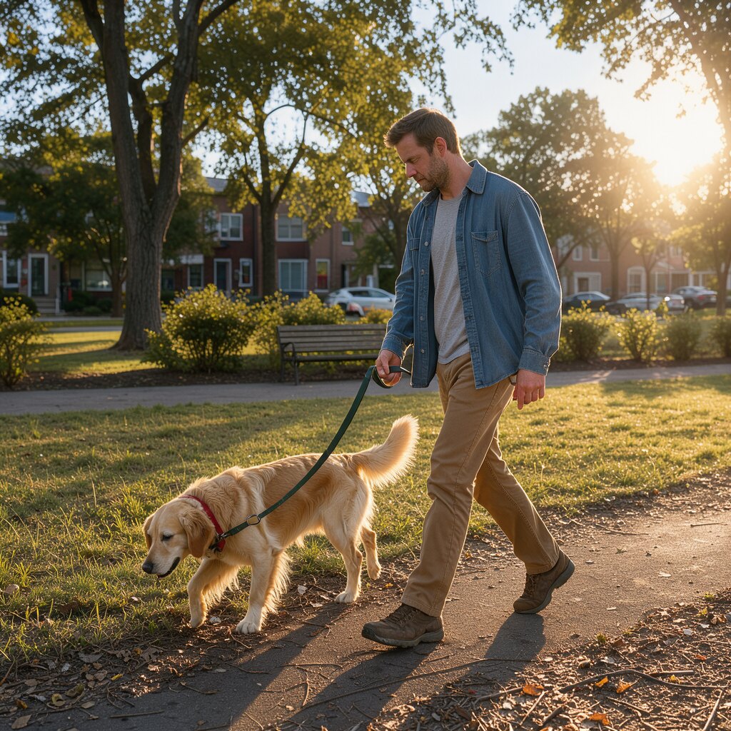 A man in a denim overshirt walking a golden retriever on a leash through a park in low afternoon sun