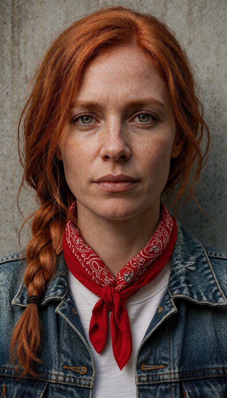 A red-haired woman with a braid, in a denim jacket and white T-shirt, with a red paisley bandana tied around her neck, added to a reference portrait