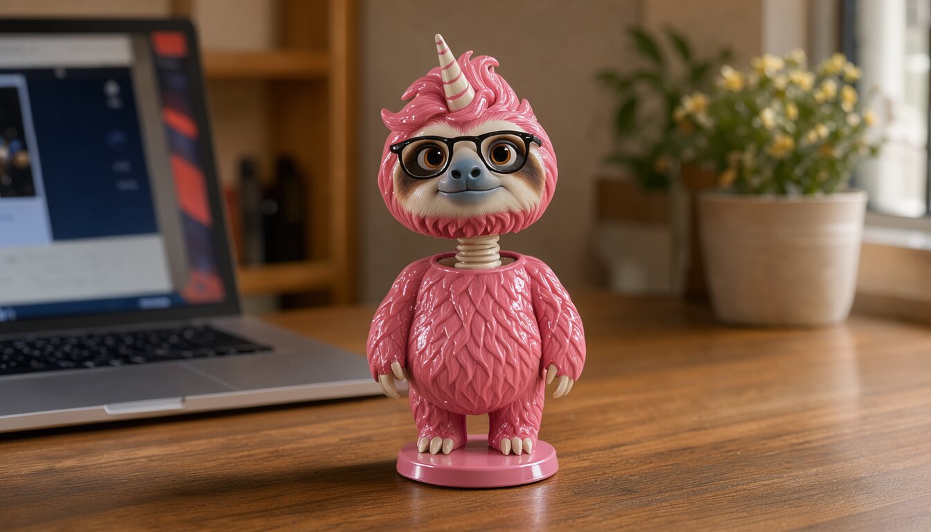 A glossy pink plastic bobble-head of a sloth with glasses and a unicorn horn, on a spring neck and a round base, standing on a wooden desk next to a laptop, made from a reference picture of the character on a rainy street