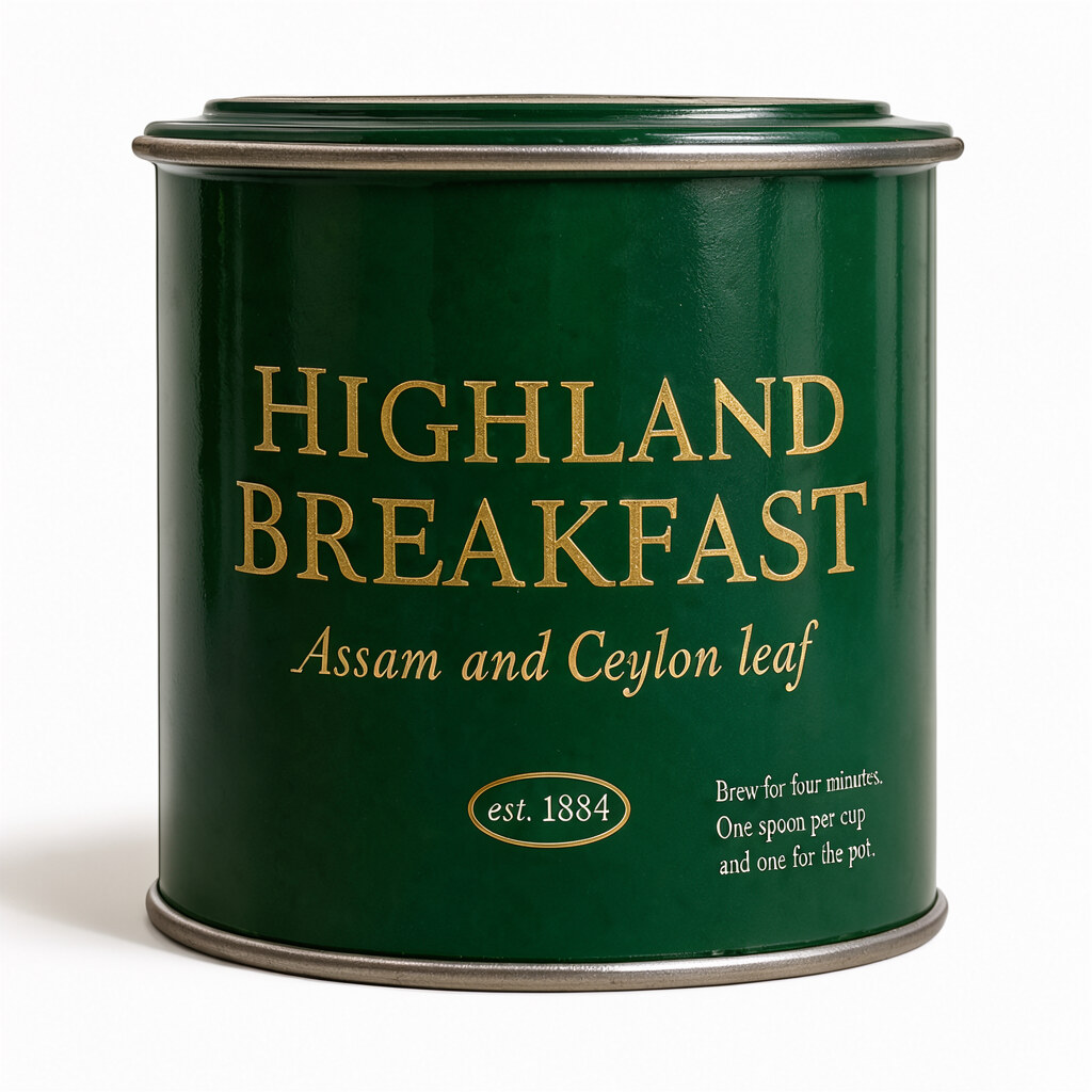 Dark green enamel tea tin reading HIGHLAND BREAKFAST, Assam and Ceylon leaf, est. 1884, with brewing instructions in small white type on the side