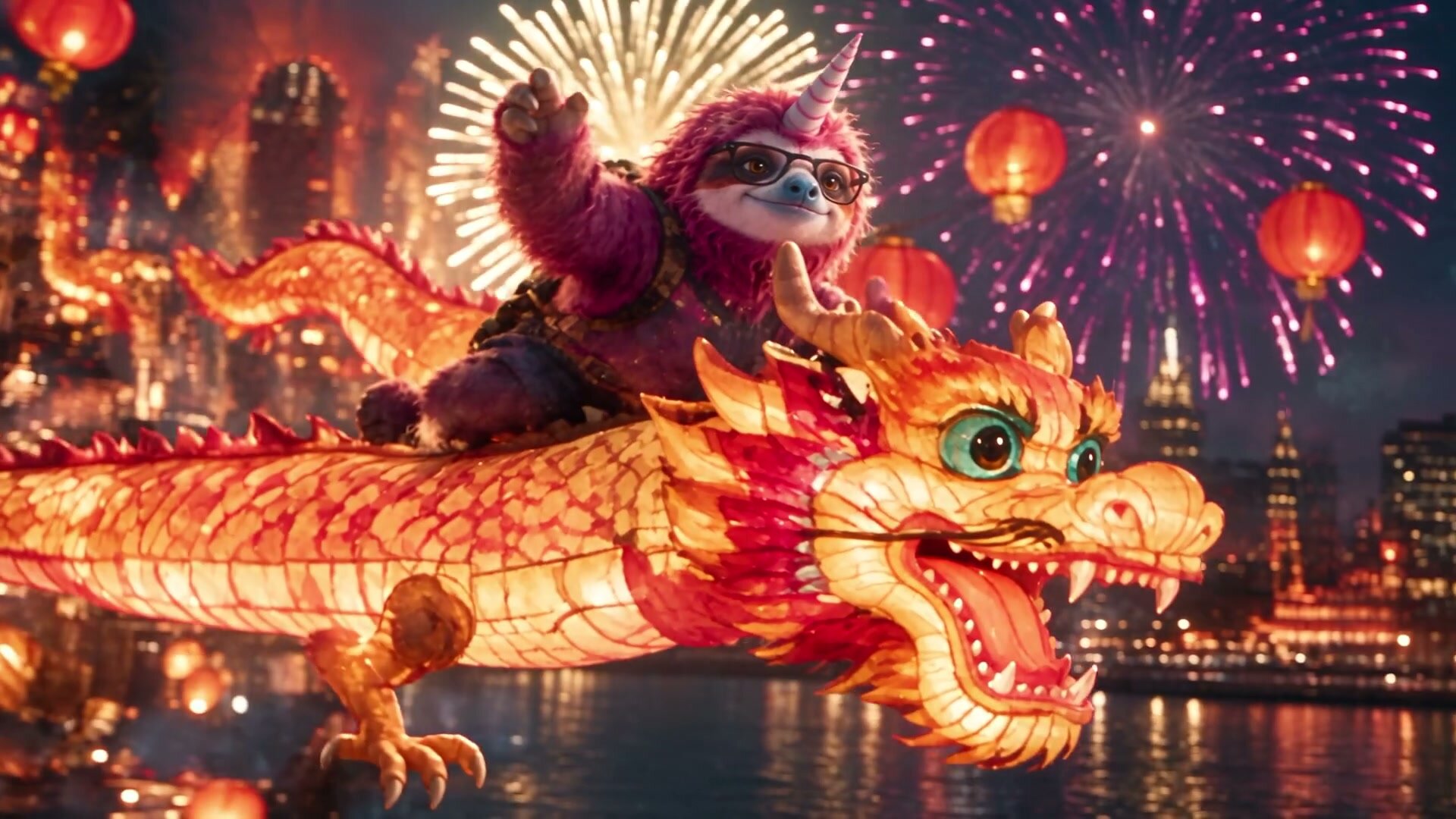 Frame from the finished Seedance 2.5 film: the pink sloth rides a glowing paper-lantern dragon through fireworks over a night harbour