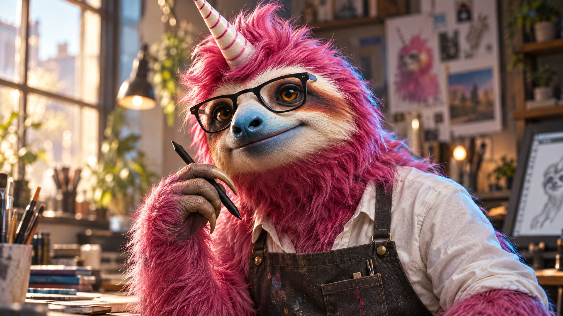 Photoreal identity plate of the pink Sogni sloth mascot with a striped unicorn horn and black glasses, wearing an artist apron in a studio