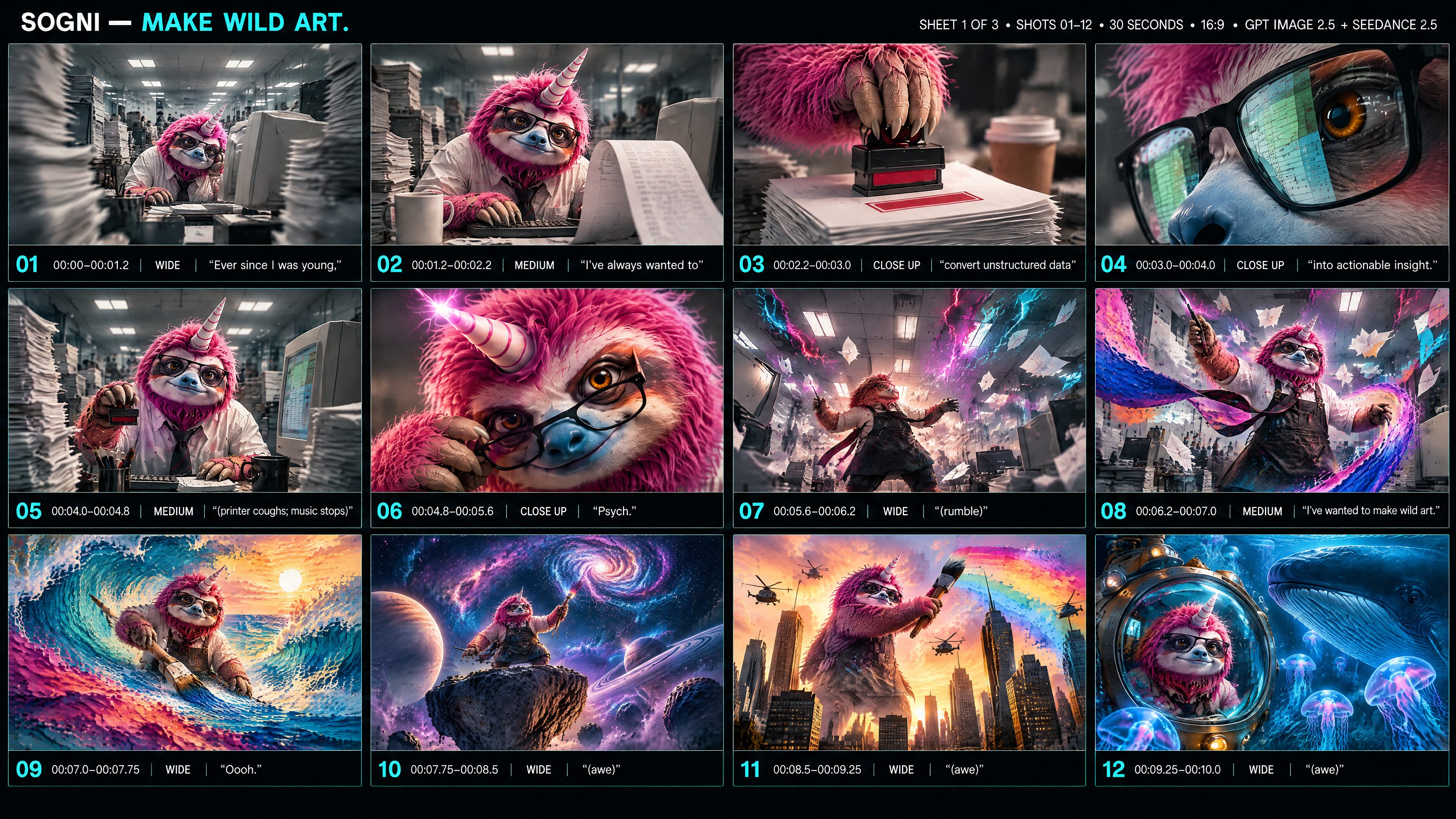 Storyboard sheet 1 of 3 for Make Wild Art: twelve numbered cinematic shots of the pink sloth with timecodes, shot sizes and dialogue captions