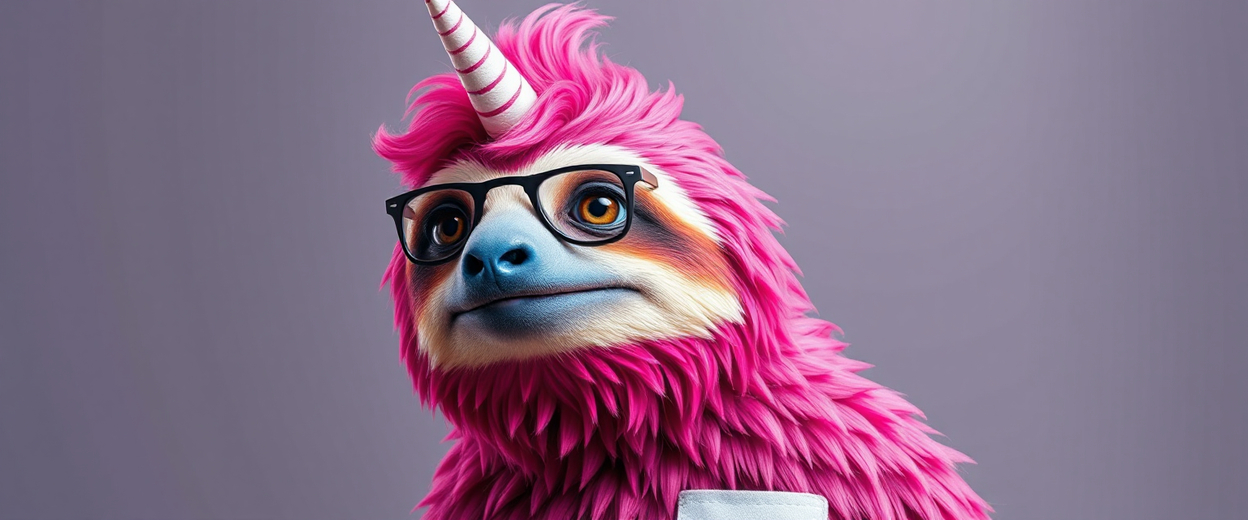 Wide portrait reference of Sogni's pink sloth-unicorn mascot