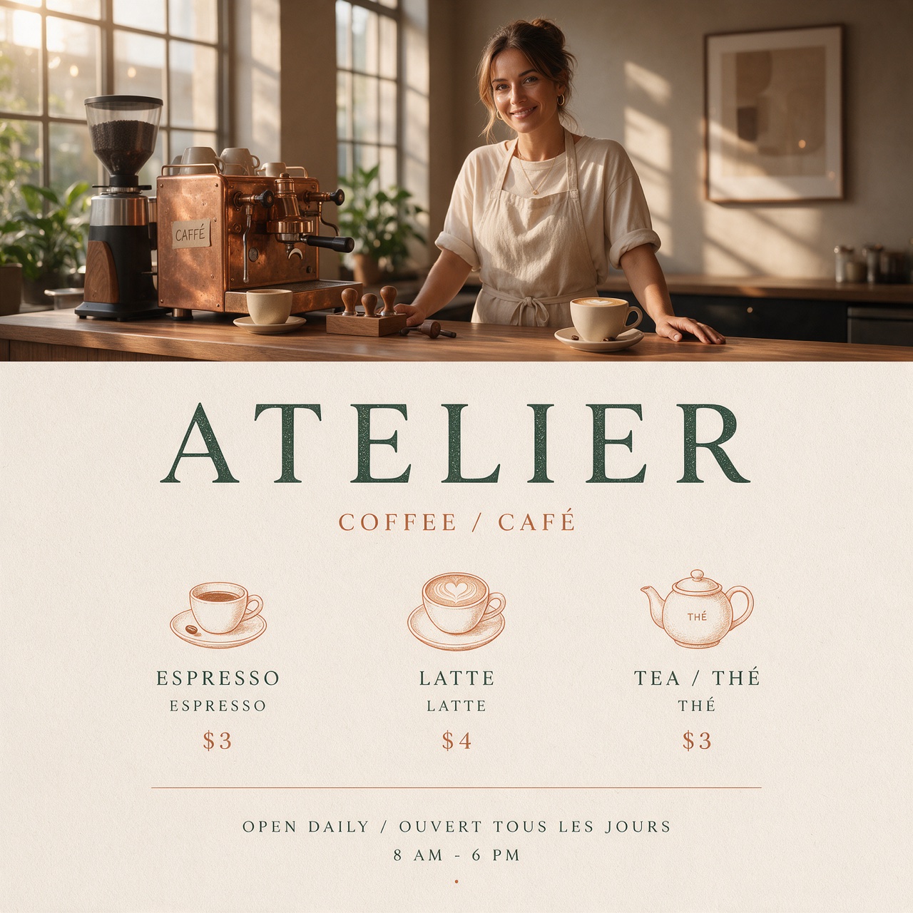 A bilingual café menu with a realistic barista portrait