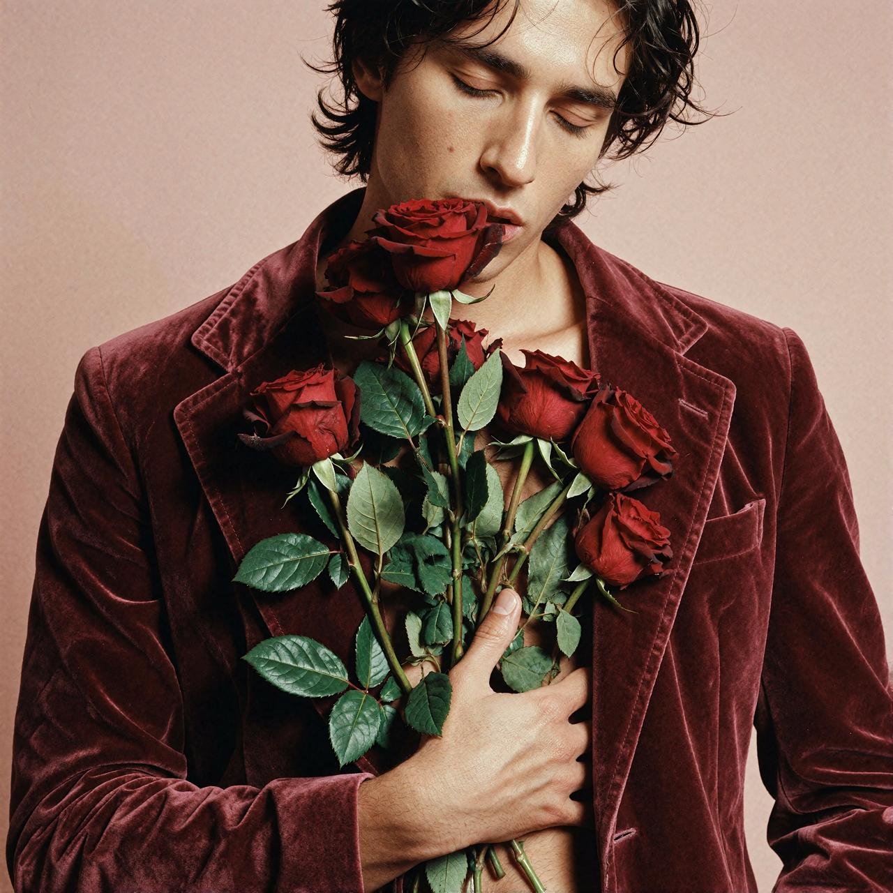 Editorial portrait of a man in a burgundy velvet jacket holding a bouquet of red roses