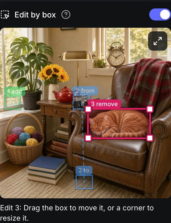 Edit by box in the Sogni web app: three numbered boxes on a living-room photo for FLUX 3 Image Klein, to add an object by the window, move the camera onto the rug and remove the sleeping cat