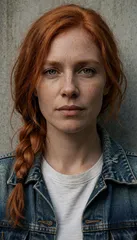 The original portrait: a red-haired woman with a braid in a denim jacket and white T-shirt