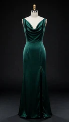 The first photo: a green satin gown on a dress form against a dark background