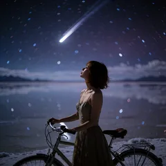 The original photo: a woman beside a bicycle on a salt flat under a comet at night
