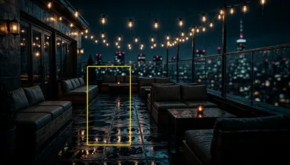 The original rooftop lounge photo, with a yellow box drawn on the floor between the sofas