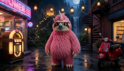 The original picture: a pink sloth character with glasses and a unicorn horn on a rainy street