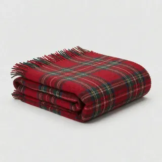 Reference 10: a folded red plaid wool blanket on a plain grey background