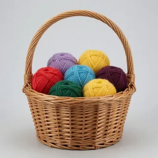 Reference 7: a wicker basket of colorful balls of yarn on a plain grey background